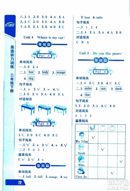 人教版2019年长江全能学案英语听力训练三年级下册参考答案