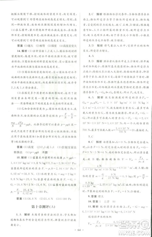 2019初中同步测控优化设计八年级物理人教版下册答案 2019初中同步测控优化设计八年级物理人教版下册答案