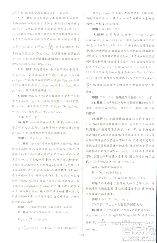 2019初中同步测控优化设计八年级物理人教版下册答案 2019初中同步测控优化设计八年级物理人教版下册答案