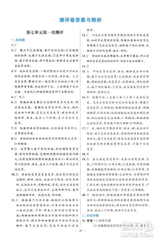 2019年初中同步测控优化设计生物学八年级下册人教版答案 2019年初中同步测控优化设计生物学八年级下册人教版答案