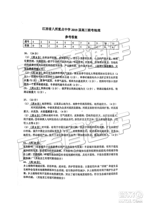 2019年江西八校联考文综理综试题及参考答案