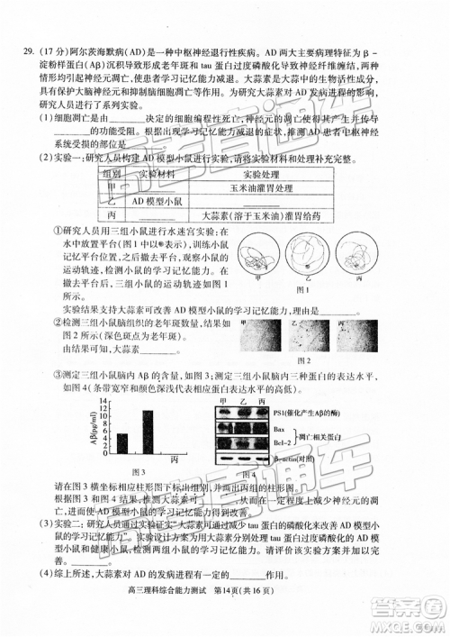 2019年北京朝阳区一模理科综合试题及参考答案 2019年北京朝阳区一模理科综合试题及参考答案