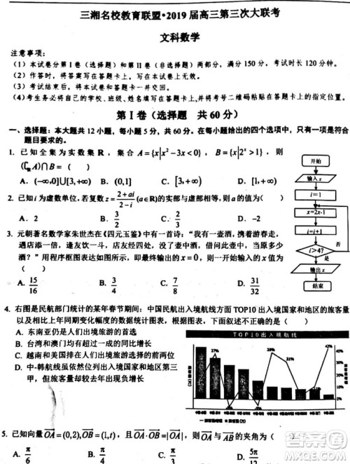 2019年湖南省三湘名校联盟第三次大联考数学文科试题及参考答案