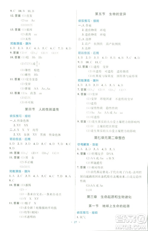 2019福建专版初中同步测控优化设计八年级下册生物学人教版参考答案