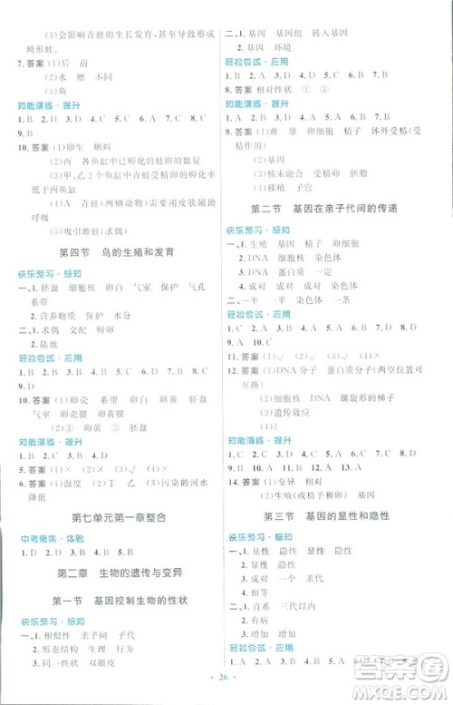 2019福建专版初中同步测控优化设计八年级下册生物学人教版参考答案