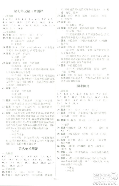 2019福建专版初中同步测控优化设计八年级下册生物学人教版参考答案 2019福建专版初中同步测控优化设计八年级下册生物学人教版参考答案