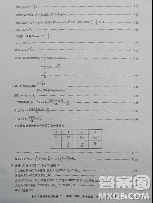 2019年全国高考冲刺压轴卷二理数答案