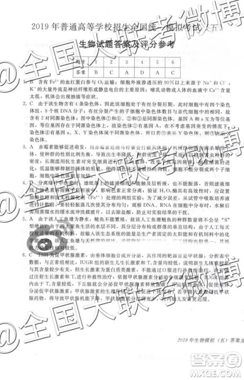 2019年普通高等学校招生全国统一模拟考试五文理综参考答案 2019年普通高等学校招生全国统一模拟考试五文理综参考答案