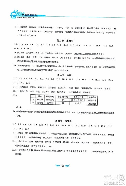 黄山书社2019年新编基础训练七年级下册地理人教版参考答案 黄山书社2019年新编基础训练七年级下册地理人教版参考答案
