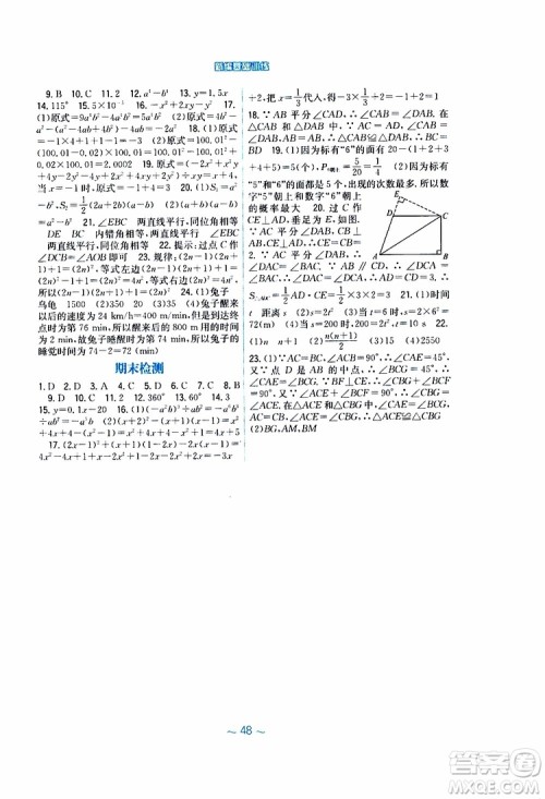 2019版新编基础训练七年级数学下册北师大版参考答案