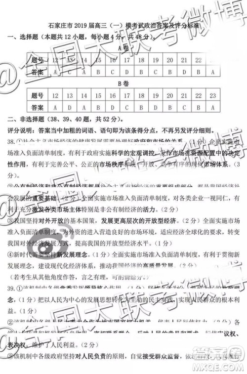 2019年4月石家庄一模文理综参考答案 2019年4月石家庄一模文理综参考答案