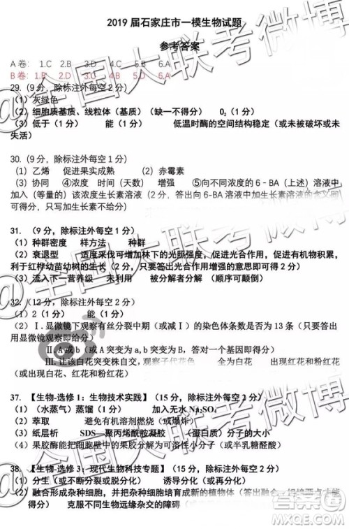 2019年4月石家庄一模文理综参考答案 2019年4月石家庄一模文理综参考答案