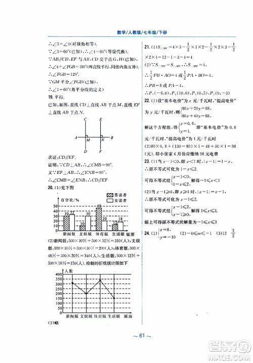 2019年新编基础训练七年级数学人教版下册9787533625542参考答案 2019年新编基础训练七年级数学人教版下册9787533625542参考答案