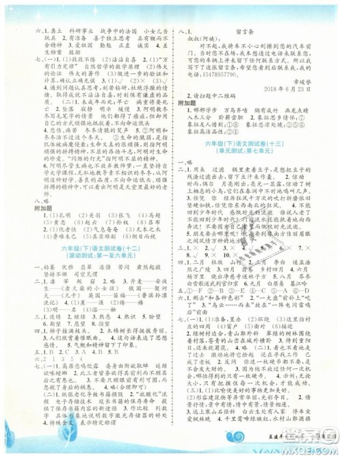 最新修订版孟建平小学单元测试2019春六年级下册语文人教版答案