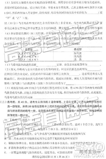 2019东北三省四市一模理综试题及参考答案 2019东北三省四市一模理综试题及参考答案