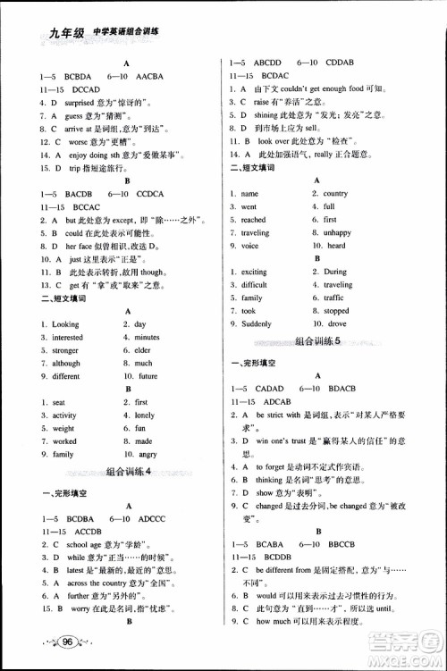 2019年中学英语组合训练完形填空短文填词九年级参考答案