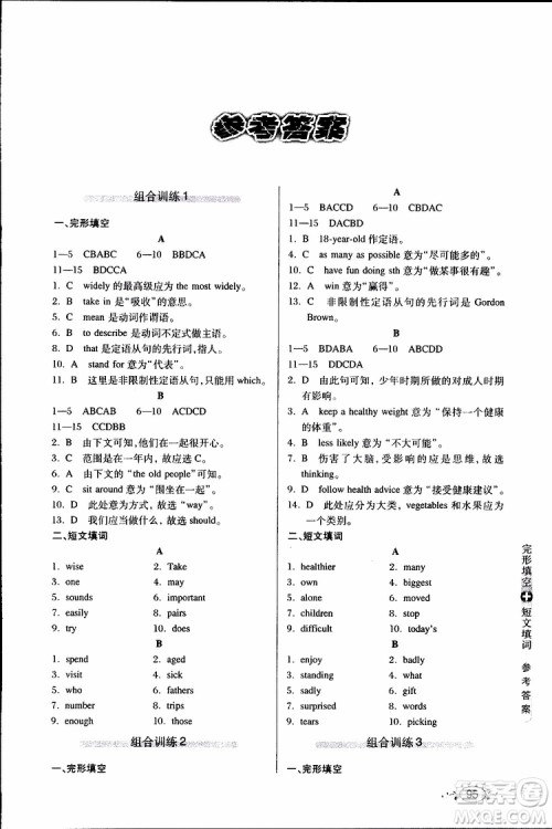 2019年中学英语组合训练完形填空短文填词九年级参考答案