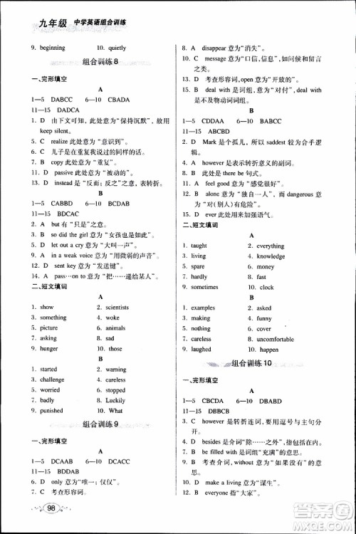 2019年中学英语组合训练完形填空短文填词九年级参考答案