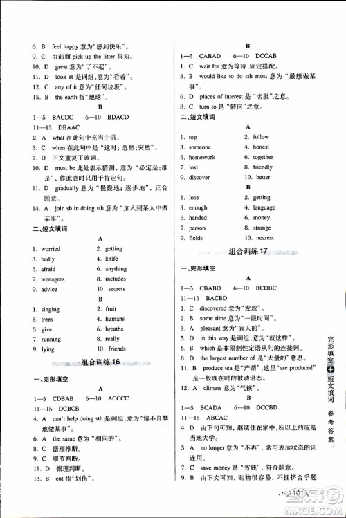 2019年中学英语组合训练完形填空短文填词九年级参考答案