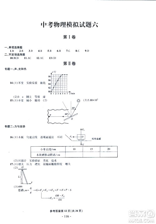 2019年一本必胜中考物理模拟试题参考答案