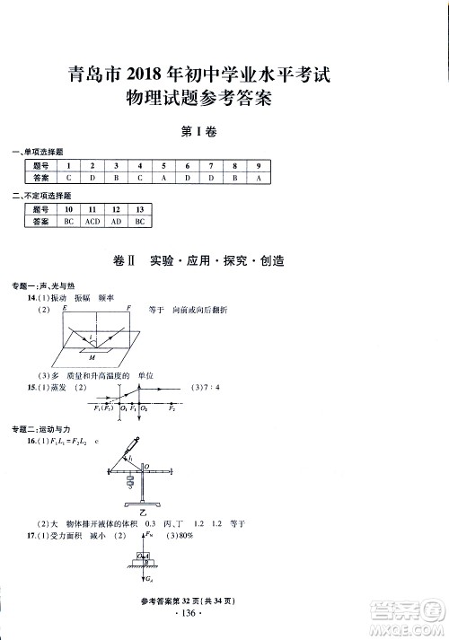 2019年一本必胜中考物理模拟试题参考答案