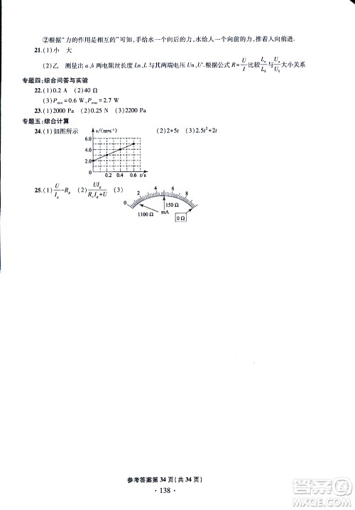 2019年一本必胜中考物理模拟试题参考答案