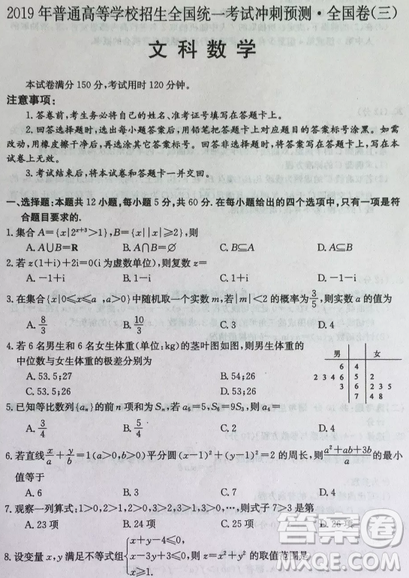 2019年普通高等学校招生全国统考冲刺预测全国卷三文理数答案