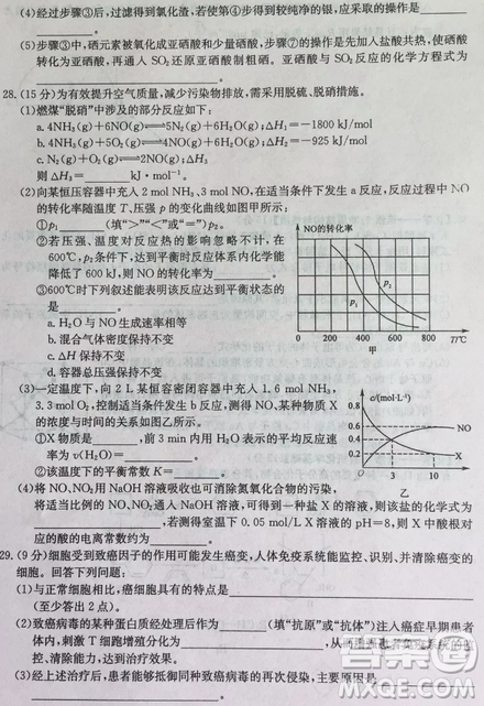 2019年普通高等学校招生全国统考冲刺预测全国卷三理综参考答案