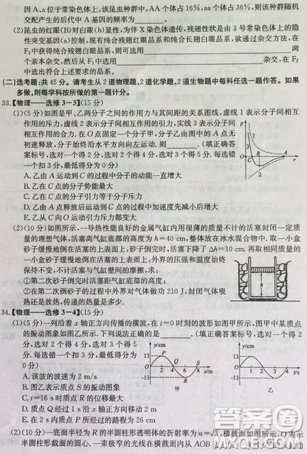 2019年普通高等学校招生全国统考冲刺预测全国卷三理综参考答案