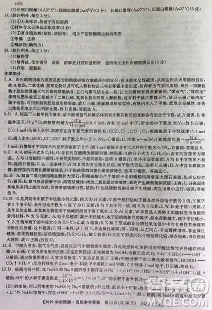 2019年普通高等学校招生全国统考冲刺预测全国卷三理综参考答案