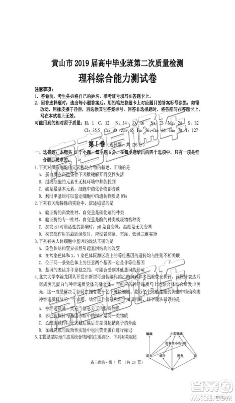 2019年黄山二模理综试题及参考答案