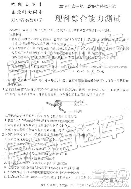 2019东北三省三校二模文理综试题及参考答案 2019东北三省三校二模文理综试题及参考答案