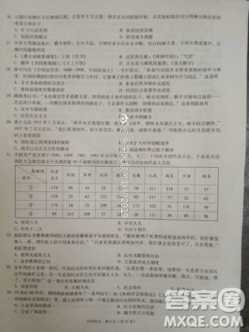 昆十中云天化2019届高三复习备考联合质量检测卷六文理综试卷参考答案