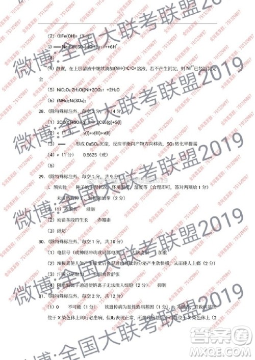 昆十中云天化2019届高三复习备考联合质量检测卷六文理综试卷参考答案 昆十中云天化2019届高三复习备考联合质量检测卷六文理综试卷参考答案