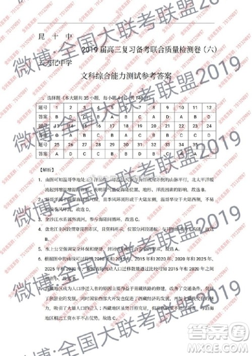 昆十中云天化2019届高三复习备考联合质量检测卷六文理综试卷参考答案 昆十中云天化2019届高三复习备考联合质量检测卷六文理综试卷参考答案