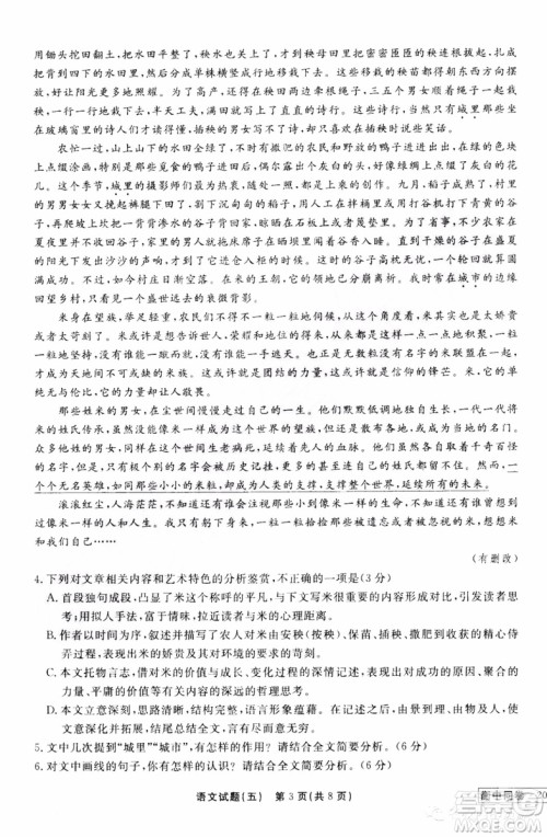 衡中同卷2019年普通高等学校招生全国统一考试模拟试题五语文试题及答案