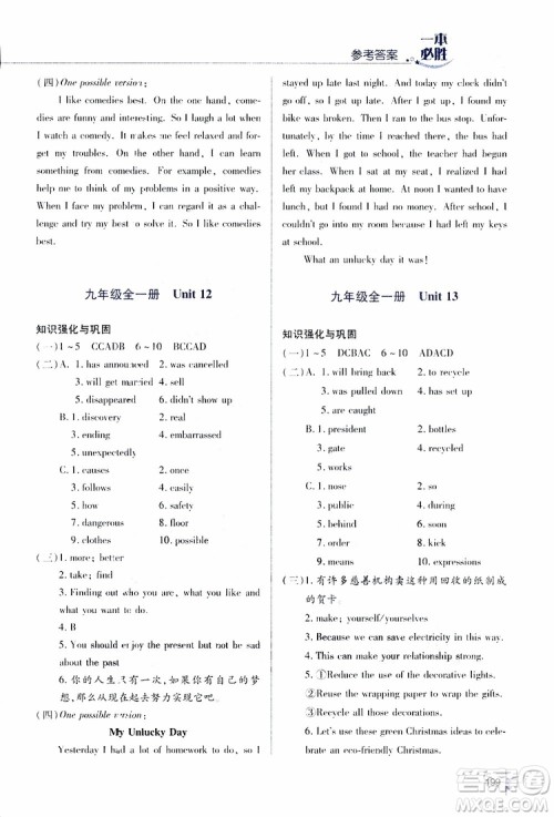 金版2019年一本必胜英语中考英语总复习青岛专版参考答案