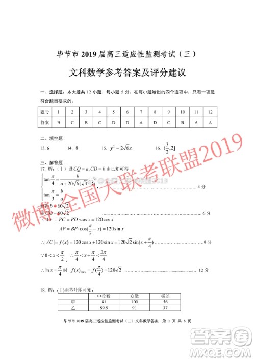 毕节市2019届高三适应性监测考试三文理数参考答案 ​​​​