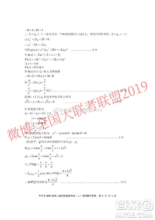 毕节市2019届高三适应性监测考试三文理数参考答案 ​​​​