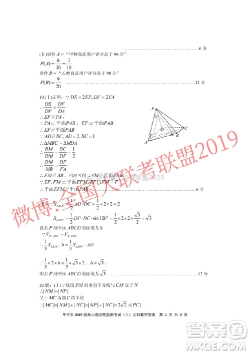 毕节市2019届高三适应性监测考试三文理数参考答案 ​​​​