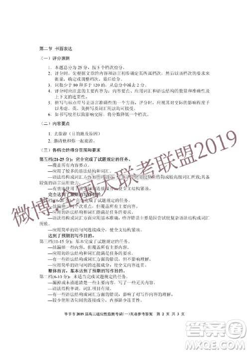 毕节市2019届高三适应性监测考试三英语参考答案 ​​​ ​​​​