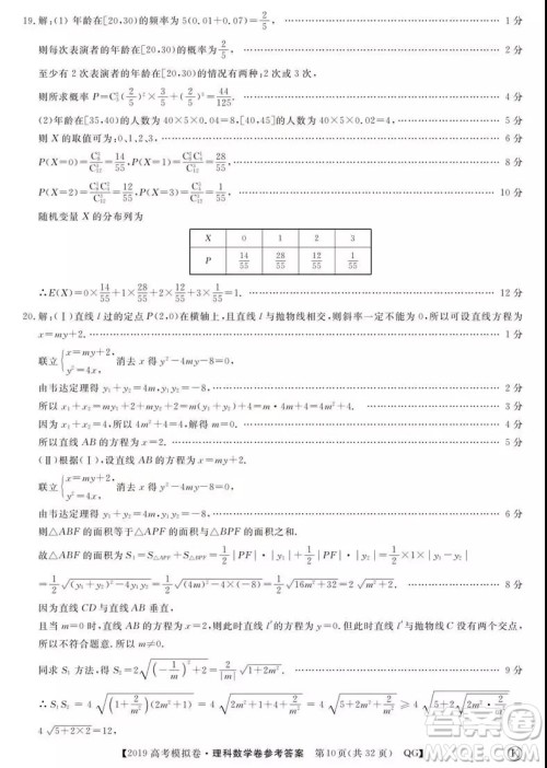 2019全国百所名校高考模拟调研卷理数一、二、三、四、五、六参考答案