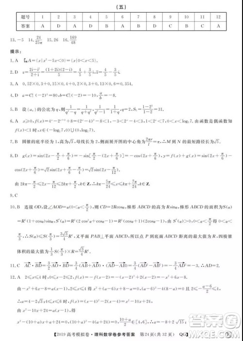 2019全国百所名校高考模拟调研卷理数一、二、三、四、五、六参考答案