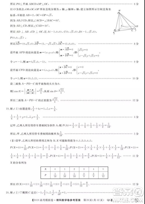 2019全国百所名校高考模拟调研卷理数一、二、三、四、五、六参考答案