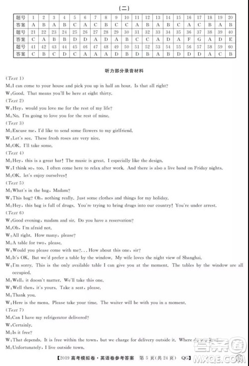 2019全国百所名校高考模拟调研卷英语一、二、三、四、五、六参考答案 2019全国百所名校高考模拟调研卷英语一、二、三、四、五、六参考答案