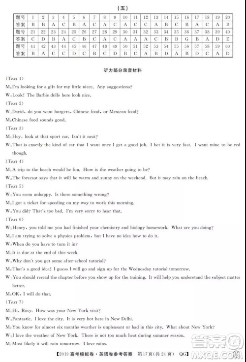 2019全国百所名校高考模拟调研卷英语一、二、三、四、五、六参考答案 2019全国百所名校高考模拟调研卷英语一、二、三、四、五、六参考答案