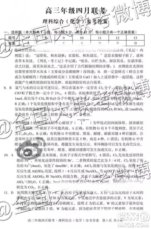 2019年高三年级四月联考文理综参考答案 2019年高三年级四月联考文理综参考答案