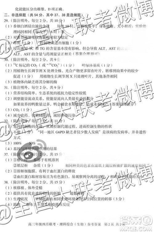 2019年高三年级四月联考文理综参考答案 2019年高三年级四月联考文理综参考答案