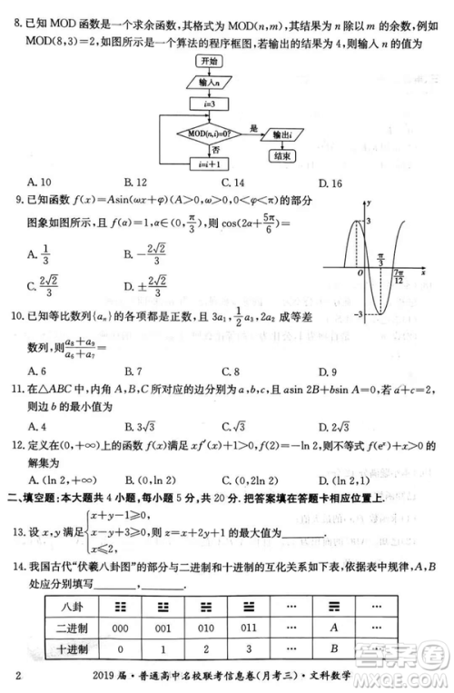 2019年普通高中名校联考信息卷月考三高考研究卷文数试题及答案 2019年普通高中名校联考信息卷月考三高考研究卷文数试题及答案