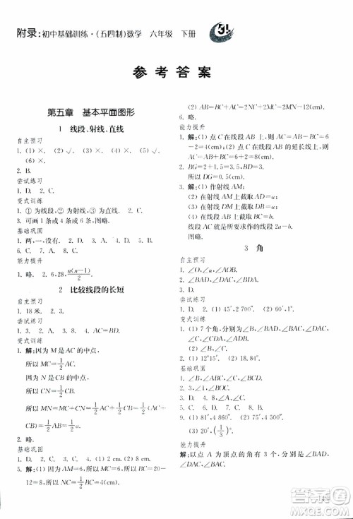 五四制2019年初中基础训练数学六年级下册参考答案